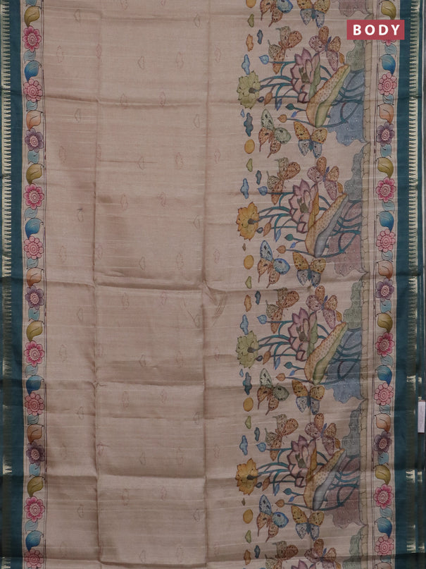 Semi matka saree beige and peacock green with butta prints and kalamkari printed pallu