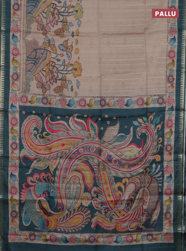 Semi matka saree beige and peacock green with butta prints and kalamkari printed pallu