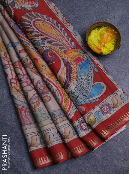 Semi matka saree beige and red with butta prints and kalamkari printed pallu