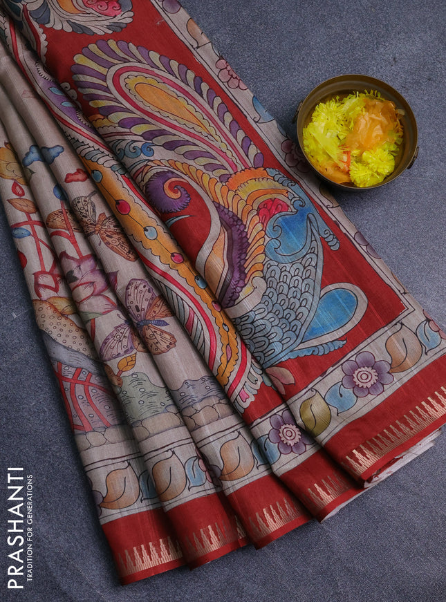 Semi matka saree beige and red with butta prints and kalamkari printed pallu