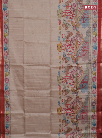 Semi matka saree beige and red with butta prints and kalamkari printed pallu