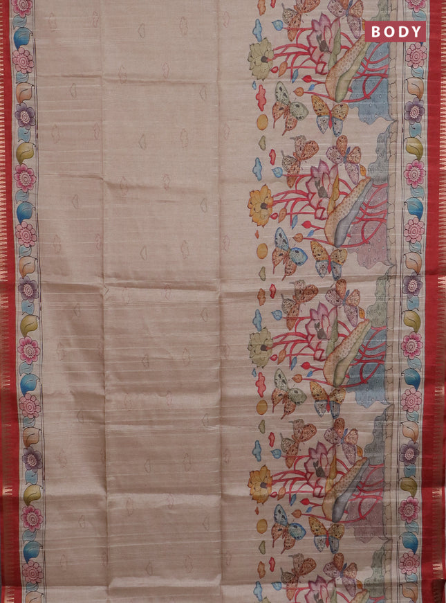Semi matka saree beige and red with butta prints and kalamkari printed pallu