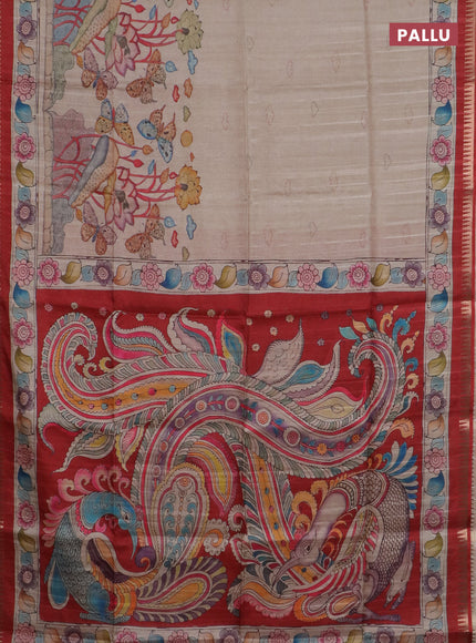 Semi matka saree beige and red with butta prints and kalamkari printed pallu