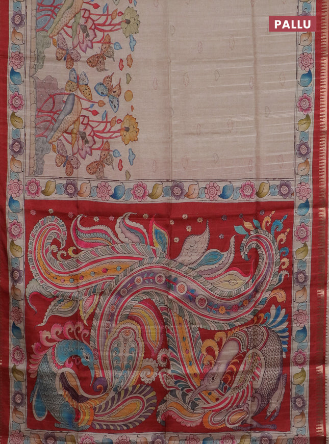 Semi matka saree beige and red with butta prints and kalamkari printed pallu
