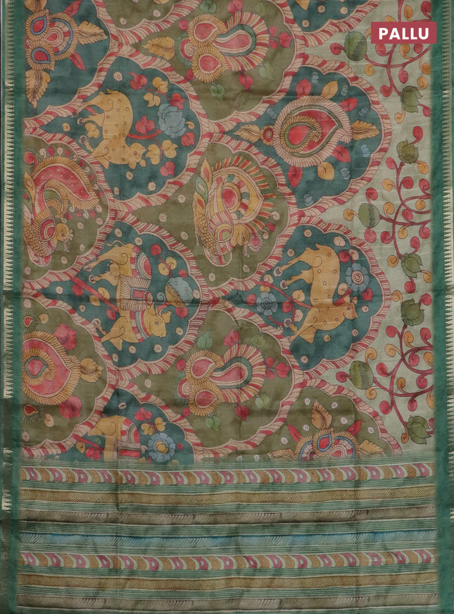 Semi matka saree elaichi green and green with allover kalamkari prints and temple design zari woven border