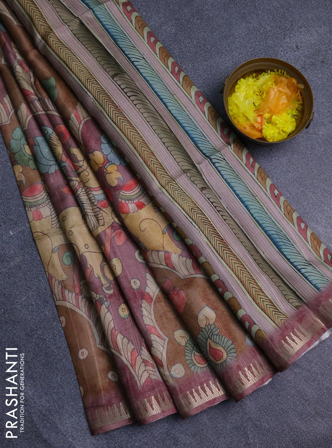 Semi matka saree dark sandal and pastel pink with allover kalamkari prints and temple design zari woven border