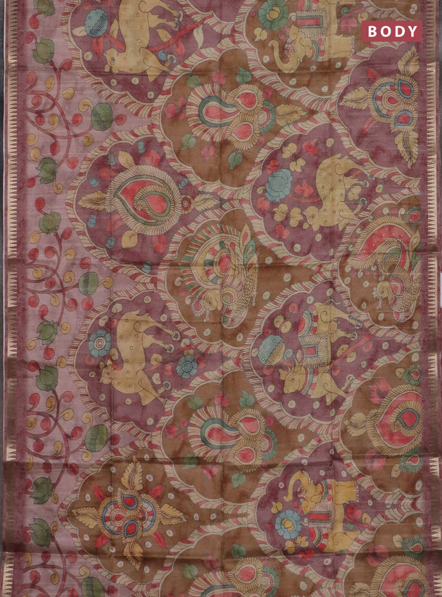 Semi matka saree dark sandal and pastel pink with allover kalamkari prints and temple design zari woven border