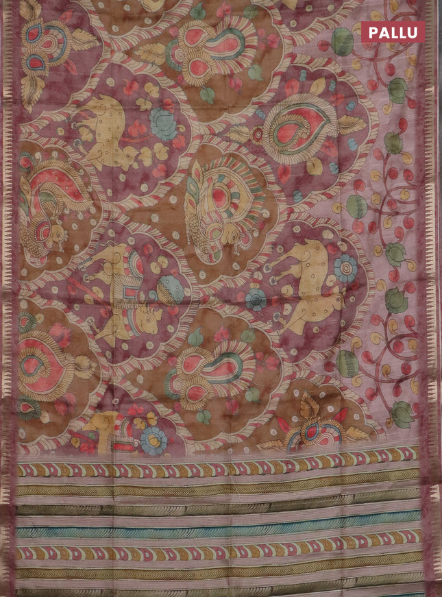 Semi matka saree dark sandal and pastel pink with allover kalamkari prints and temple design zari woven border