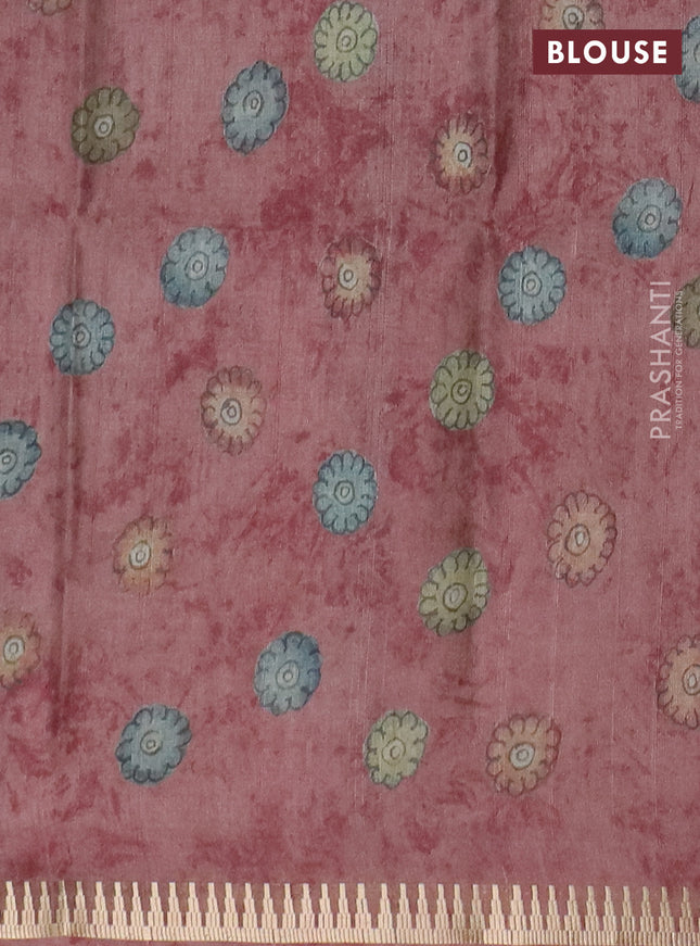 Semi matka saree dark sandal and pastel pink with allover kalamkari prints and temple design zari woven border