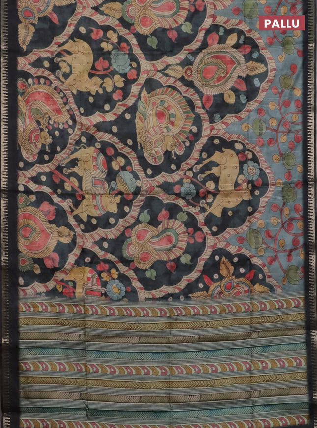 Semi matka saree pastel blue shade and black with allover kalamkari prints and temple design zari woven border