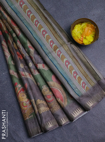Semi matka saree green and pastel brown with allover kalamkari prints and temple design zari woven border