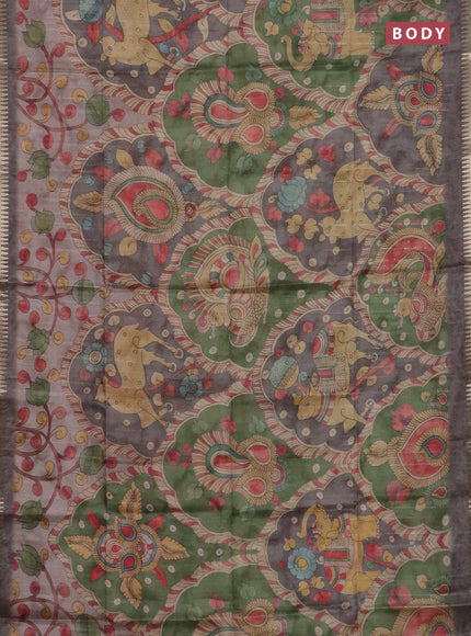 Semi matka saree green and pastel brown with allover kalamkari prints and temple design zari woven border