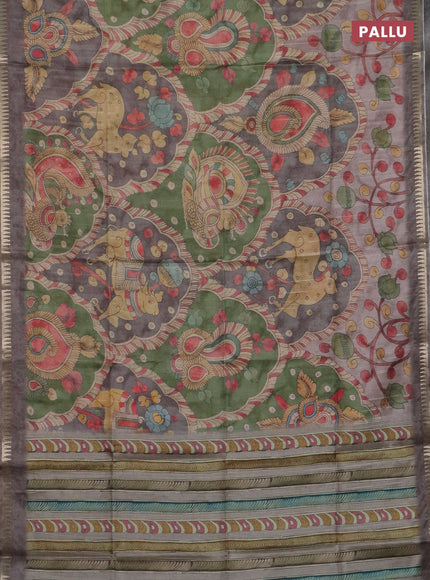 Semi matka saree green and pastel brown with allover kalamkari prints and temple design zari woven border