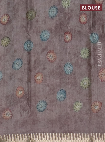Semi matka saree green and pastel brown with allover kalamkari prints and temple design zari woven border