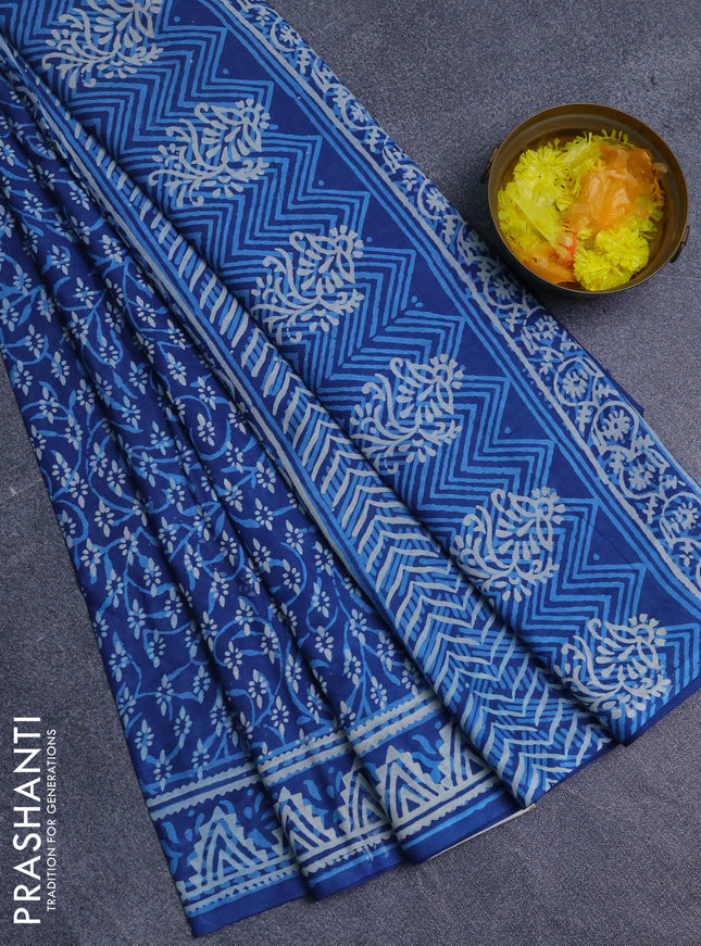Jaipur cotton saree indigo blue with allover dabu prints and printed border