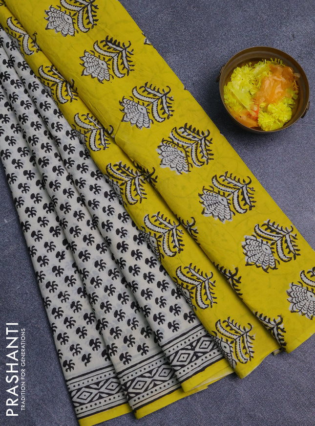 Jaipur cotton saree off white and yellow with allover butta prints and printed border