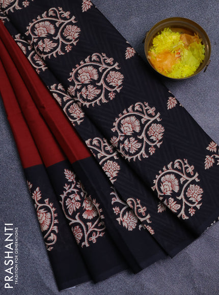 Jaipur cotton saree maroon and black with plain body and printed border