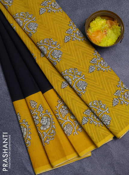 Jaipur cotton saree black and yellow with plain body and printed border