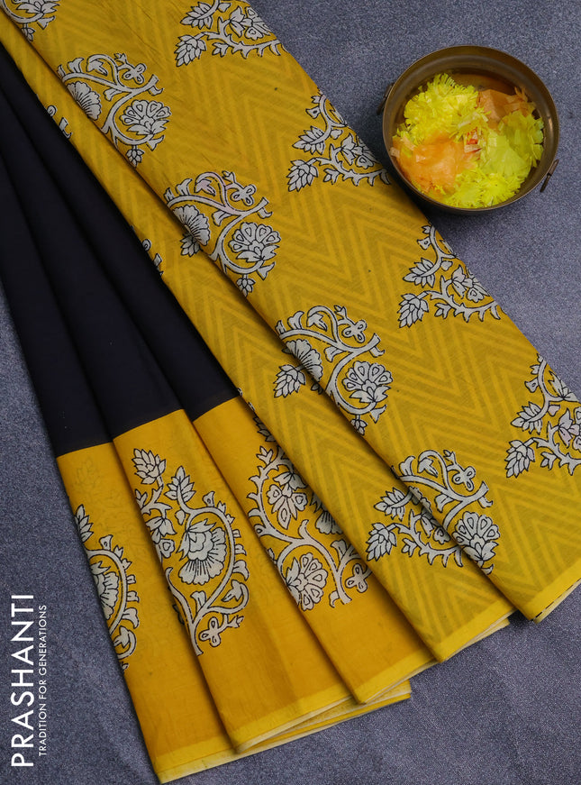 Jaipur cotton saree black and yellow with plain body and printed border