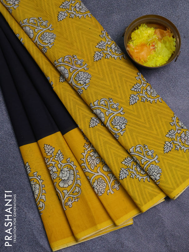 Jaipur cotton saree black and yellow with plain body and printed border