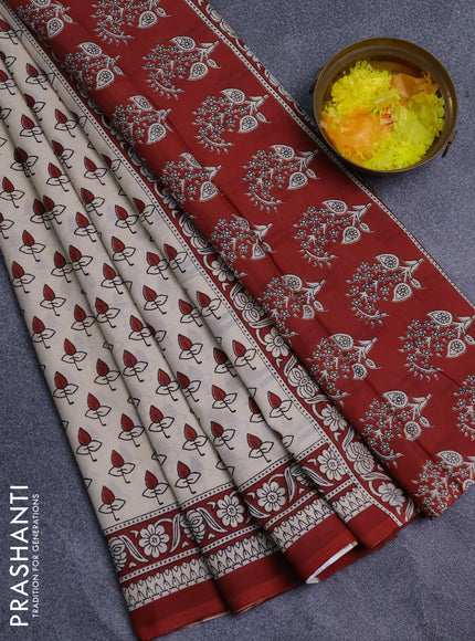 Jaipur cotton saree cream and maroon with allover butta prints and printed border