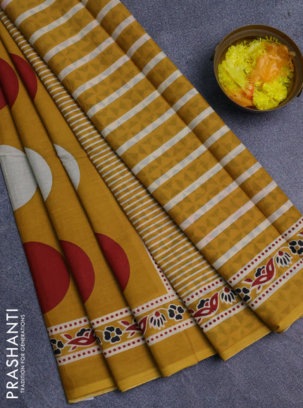 Jaipur cotton saree mustard yellow with allover geomatric prints and printed border
