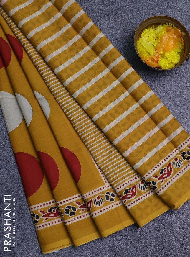 Jaipur cotton saree mustard yellow with allover geomatric prints and printed border