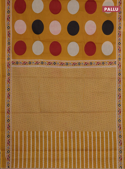 Jaipur cotton saree mustard yellow with allover geomatric prints and printed border