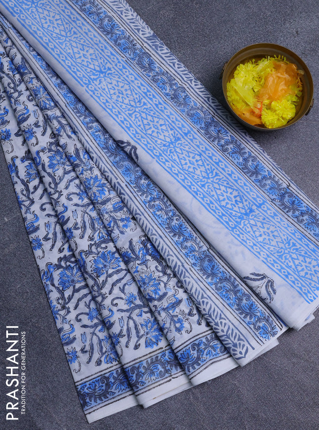 Jaipur cotton saree teal blue and off white with allover prints and printed border
