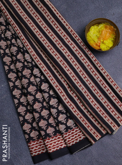 Jaipur cotton saree black and maroon with allover prints and printed border