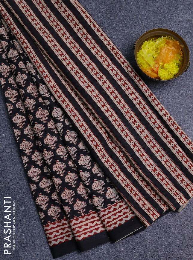 Jaipur cotton saree black and maroon with allover prints and printed border