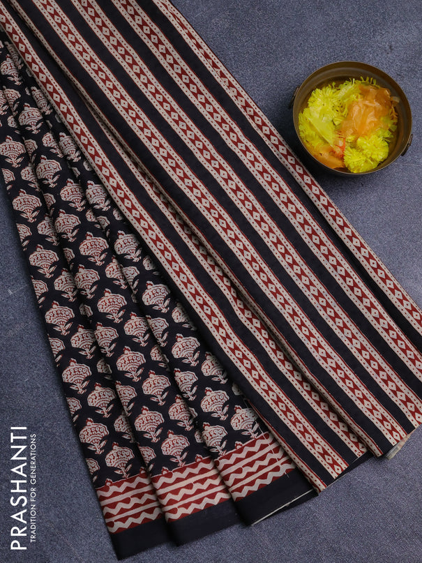 Jaipur cotton saree black and maroon with allover prints and printed border