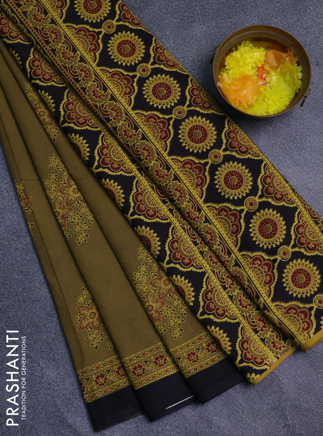 Jaipur cotton saree mehendi green with allover butta prints and printed border