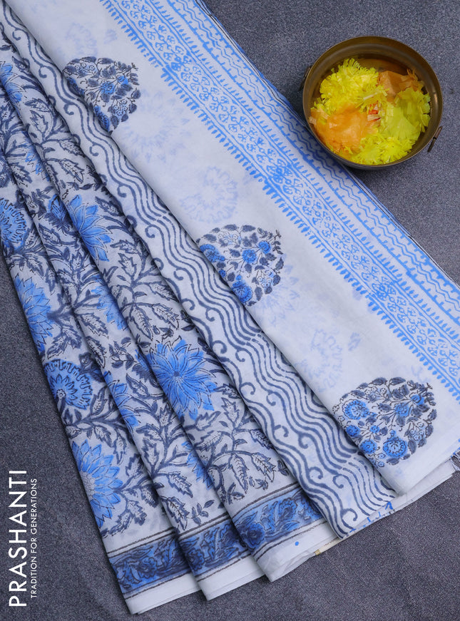 Jaipur cotton saree blue and off white with allover prints and printed border