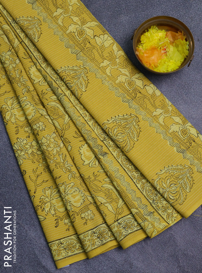 Jaipur cotton saree yellow with allover prints & thread weaves and printed border