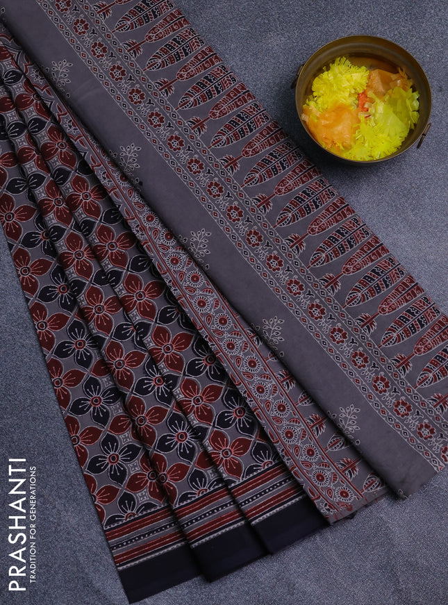 Jaipur cotton saree grey and black with allover prints and printed border