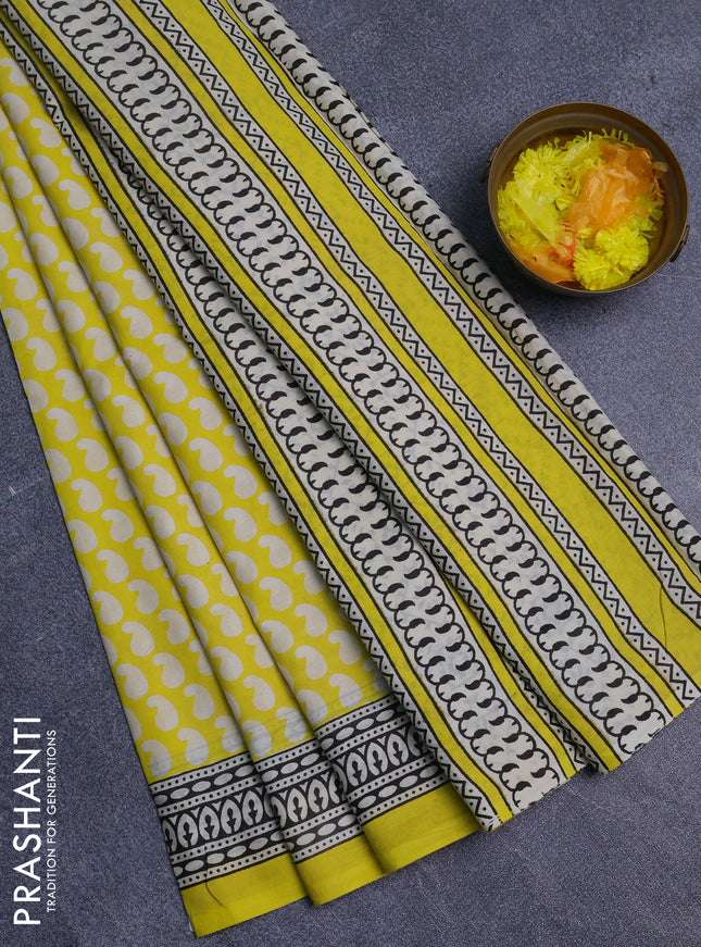 Jaipur cotton saree yellow with allover paisley prints and printed border