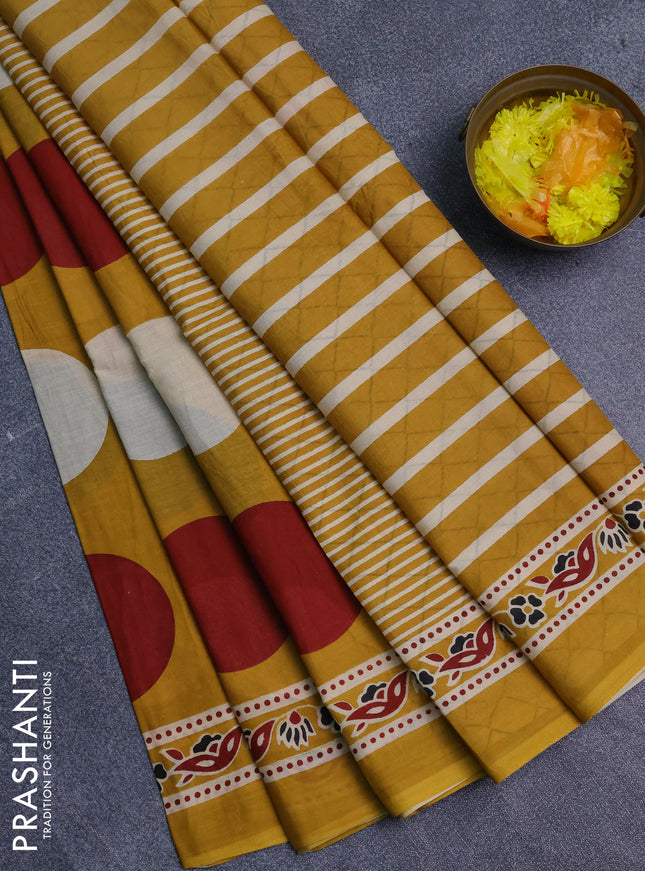 Jaipur cotton saree mustard yellow with allover geomatric prints and printed border