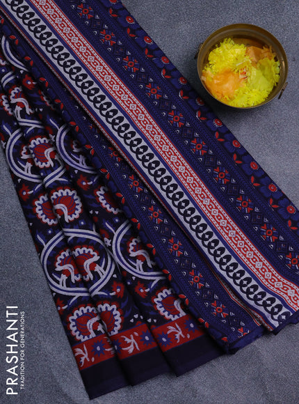 Jaipur cotton saree black and navy blue with allover prints and printed border