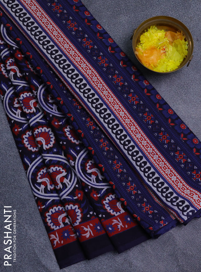 Jaipur cotton saree black and navy blue with allover prints and printed border