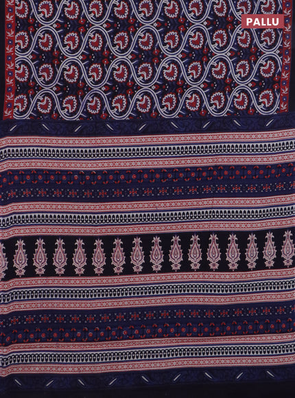 Jaipur cotton saree black and navy blue with allover prints and printed border