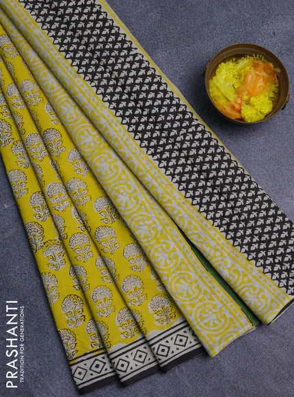 Jaipur cotton saree yellow with allover prints and printed border