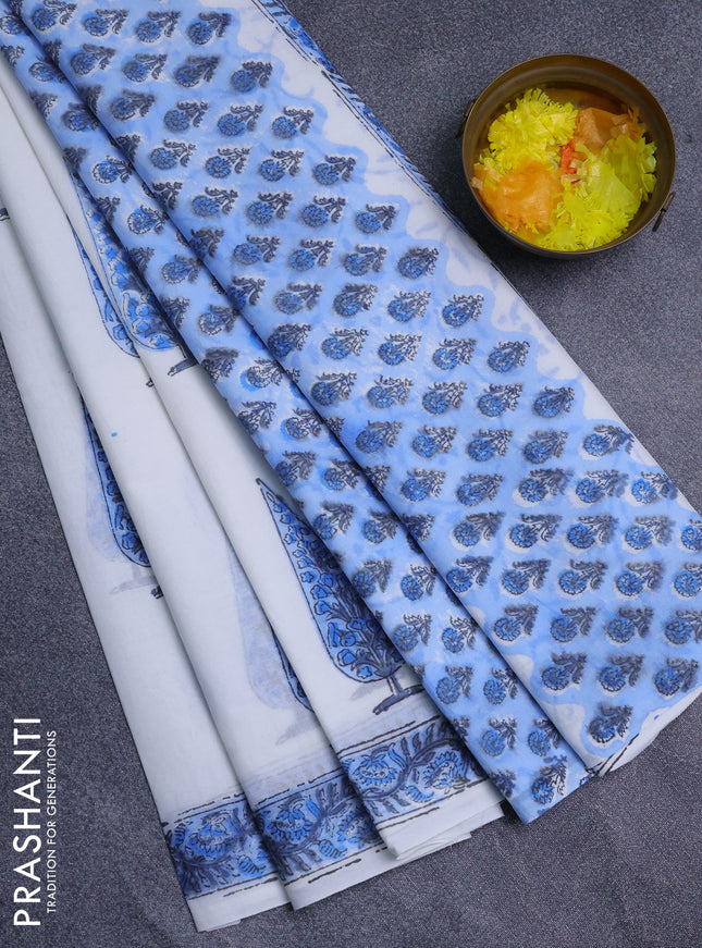 Jaipur cotton saree off white and blue with allover butta prints and printed border