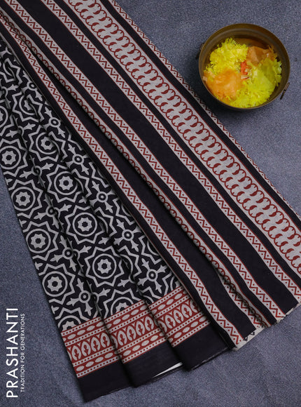 Jaipur cotton saree black and maroon with allover geomatric prints and printed border