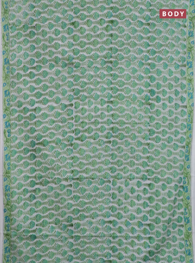 Jaipur cotton saree light green and off white with allover prints and printed border