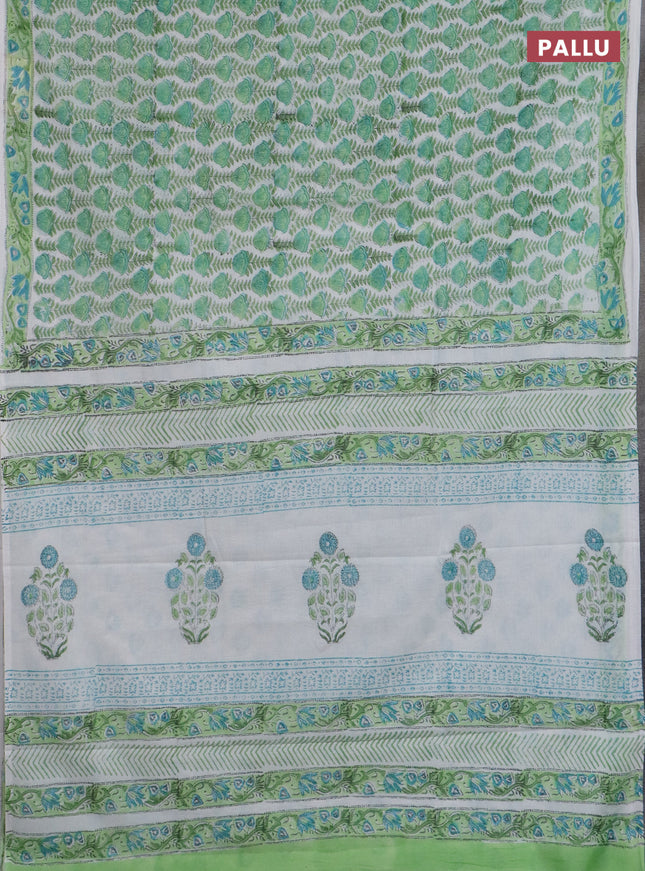 Jaipur cotton saree light green and off white with allover prints and printed border