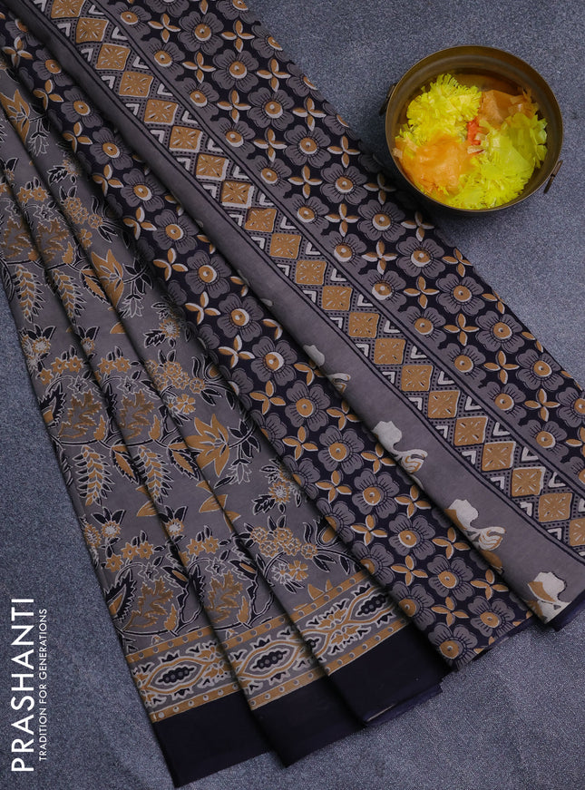 Jaipur cotton saree grey and black with allover prints and printed border