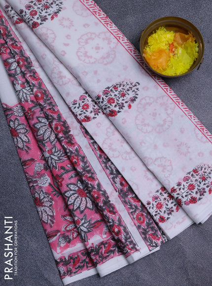 Jaipur cotton saree pink and off white with allover prints and printed border