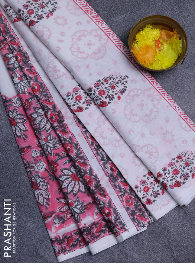 Jaipur cotton saree pink and off white with allover prints and printed border