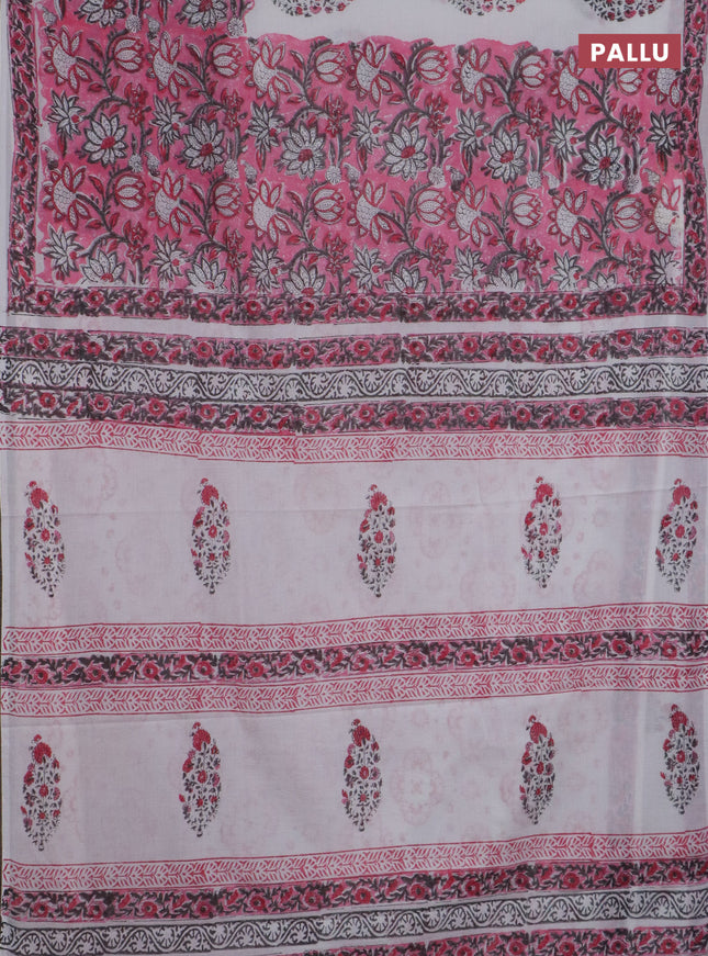 Jaipur cotton saree pink and off white with allover prints and printed border